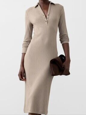 NWT-Banana Republic Stretch Wide Ribbed Polo Knit Mocha Midi Dress-Size XL Tall